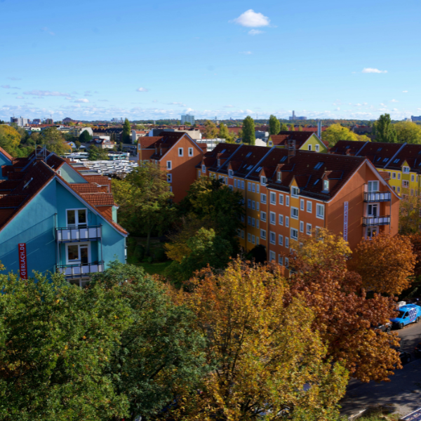 Utah neighborhood rooftops during fall season