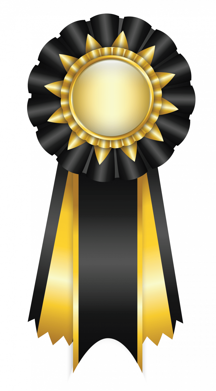 A gold and black award ribbon with a round center and two long, pointed tails.