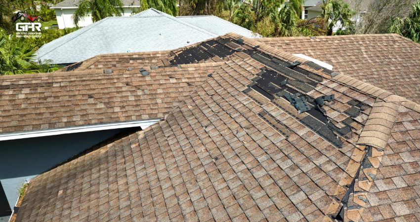 Roof damaged after a storm with missing shingles on a Utah home