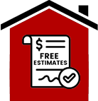 Illustration of a red house outline with a document labeled "Free Estimates" and a checkmark in front.