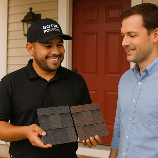 Roofer showing Owens Corning shingle samples to homeowner