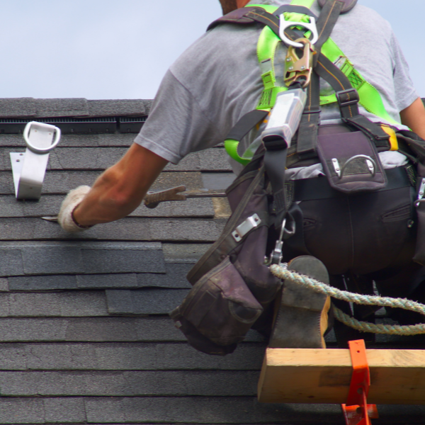 Homeowner inspecting roof damage safely from the ground
