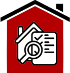 Icon of a house with a checklist and magnifying glass, suggesting a home inspection or property evaluation.