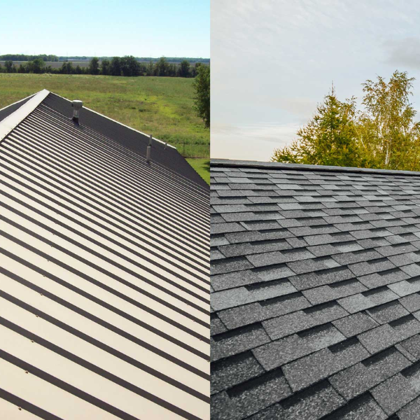 Side-by-side comparison of a metal roof and asphalt shingle roof on two homes