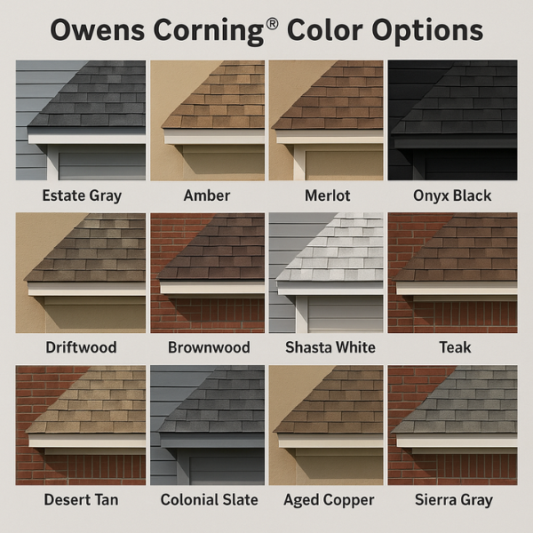 Owens Corning shingles are available in a range of stylish hues, including Estate Gray—the most popular color—Amber, Merlot, Onyx Black, Driftwood, Brownwood, Shasta White, Teak, Desert Tan, Colonial Slate, Aged Copper, and Sierra Gray.