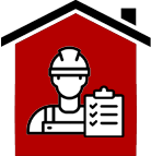 Icon of a person wearing a hard hat and holding a checklist, inside the outline of a house with a red background.