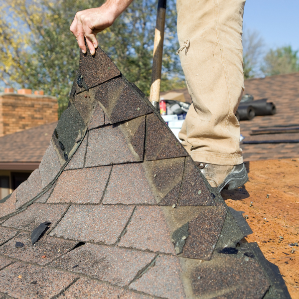 Roofing crew replacing shingles on damaged roof