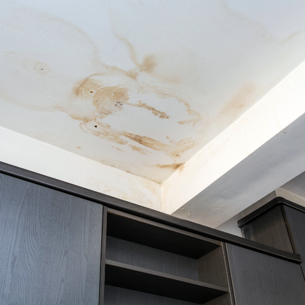 Water stains and ceiling damage from a roof leak