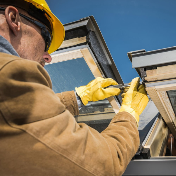 Professional roofer inspecting roof condition with clipboard.