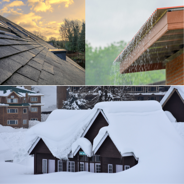 Four seasons showing roof in snow, sun, rain, and fall leaves
