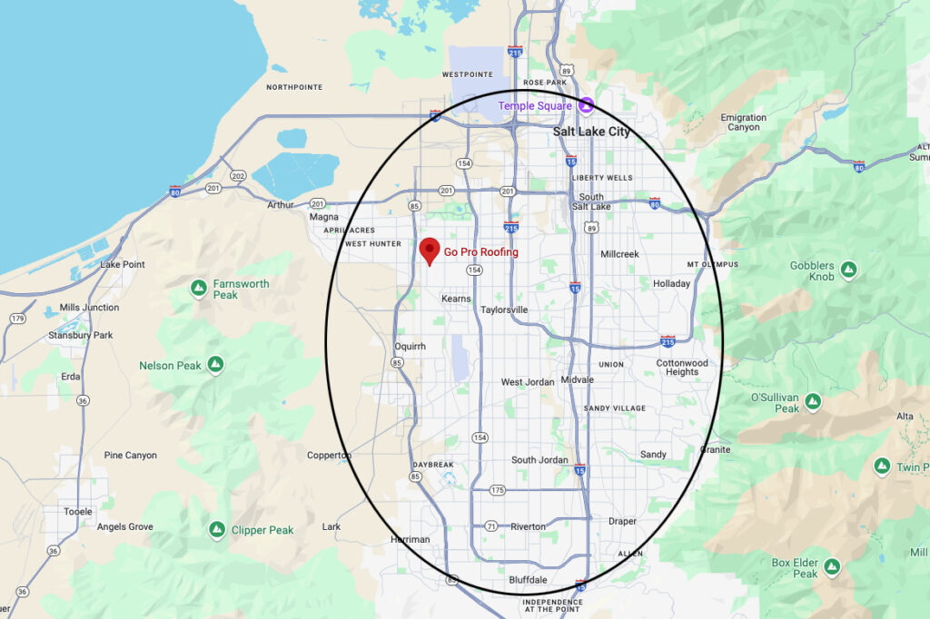 A map of the Salt Lake City area highlights Go Pro Roofing with a red marker and shows a large black coverage circle around the city and nearby regions.