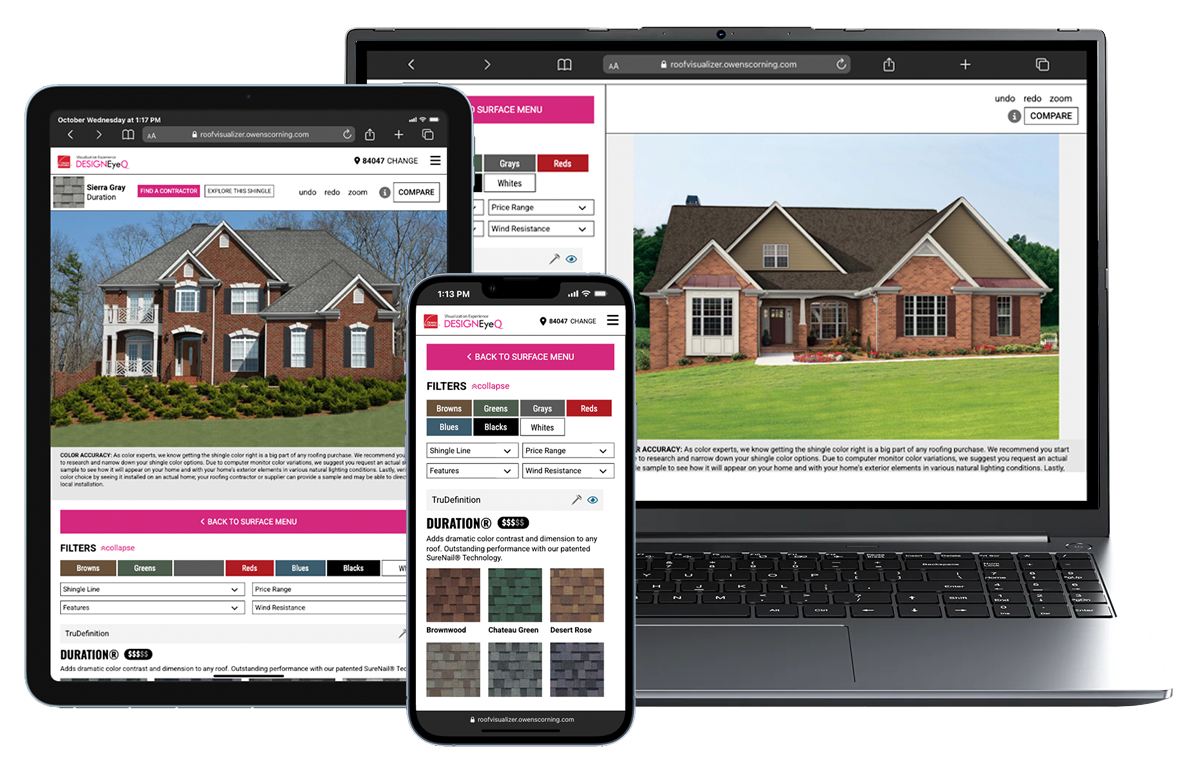 A laptop, tablet, and smartphone display a house exterior design website featuring home images, filters, and roofing material options.